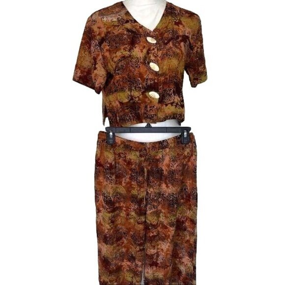Tanami Pant Top Set Womens Size Medium M Vintage Rayon Patterned Brown Black - Picture 6 of 12